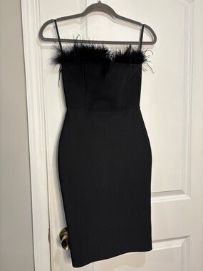 Strapless Black Feather-Trim Bodycon Dress Size Small
